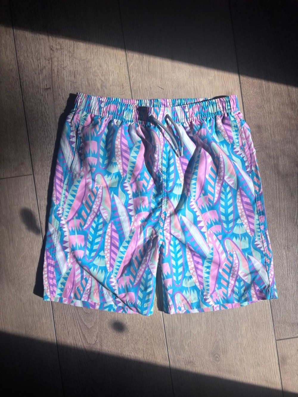 Boys Boardies Blue & Pink Feather-Print Swim Trunks